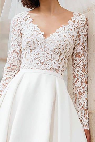 Ivory A-Line V-Neck Lace Engagement Dress With Long Sleeves